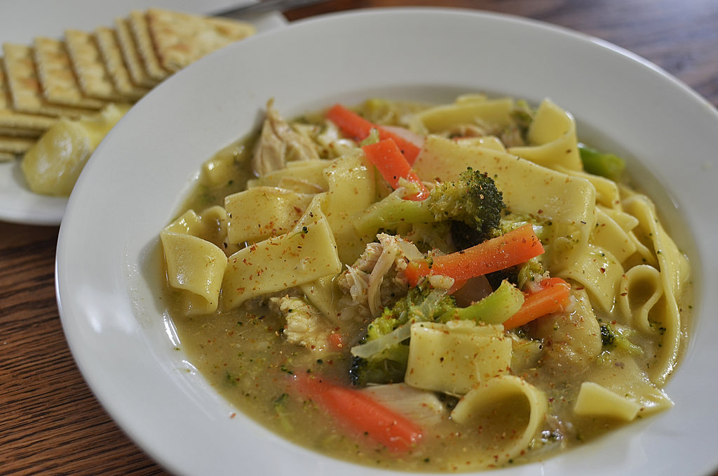 Hot cooked chicken noodle soup