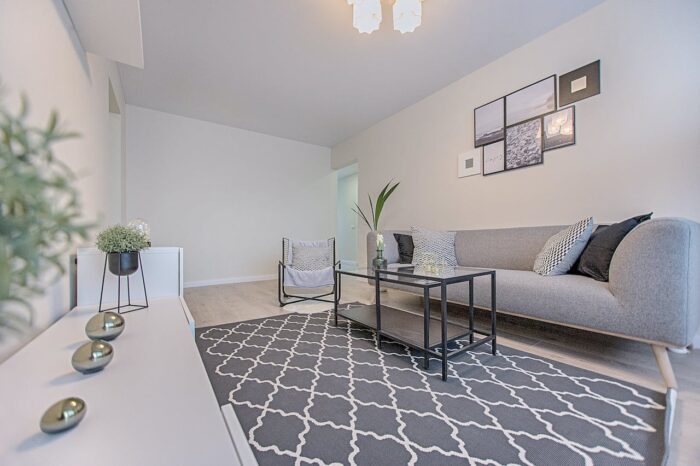 a clean living room with a large rug