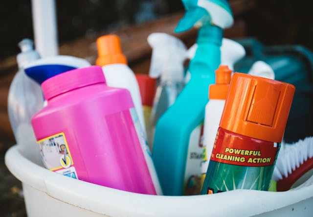 cleaning supplies in a small bucket